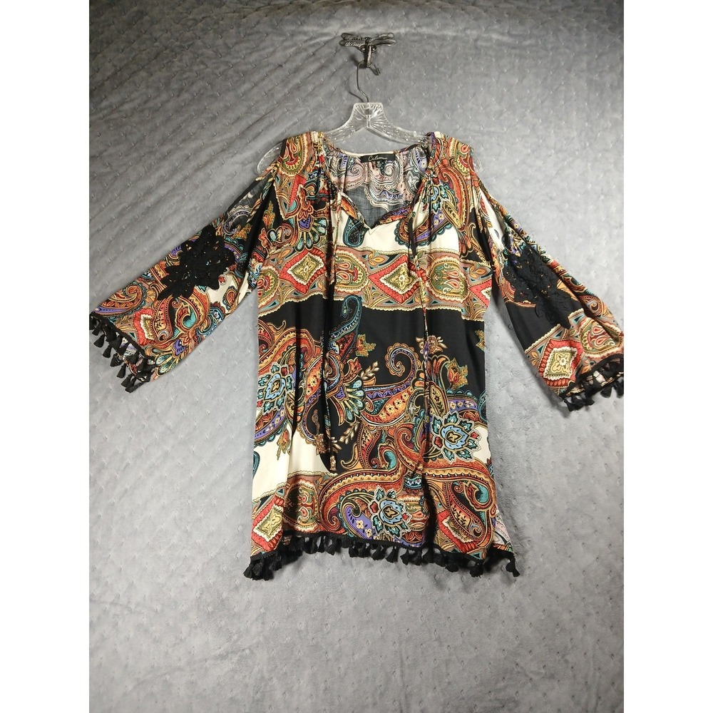 Caleoos Paisley Cold Shoulder Tunic Top M Tassels Artsywear Festival Boho